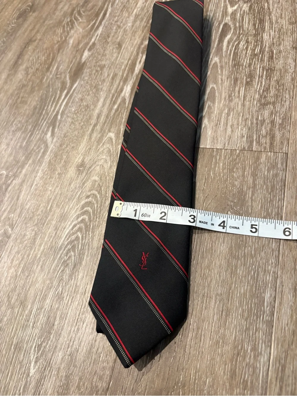 Yves Saint Laurent Black Tie with Red Strips, Elegant Designer Wear